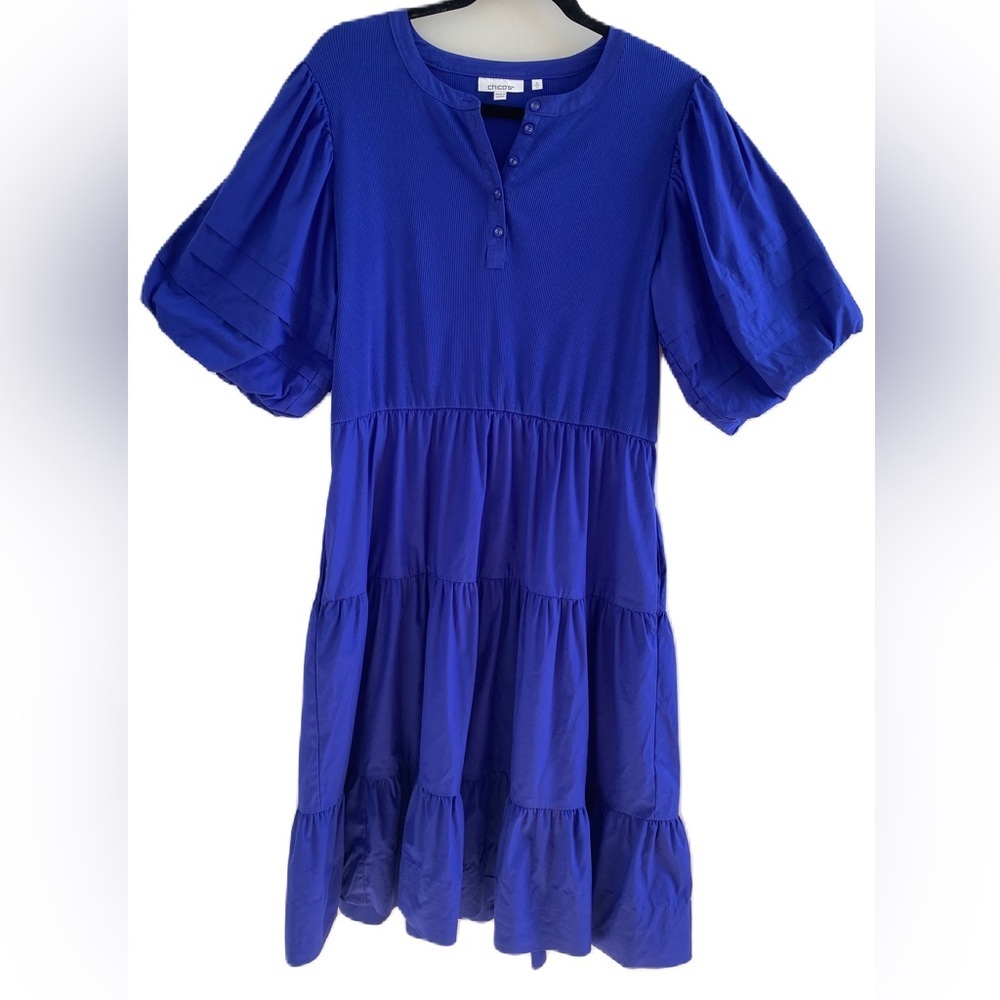 Chico's Blue Henley Puff Sleeve Tiered Poplin Hem Midi Dress Size Large